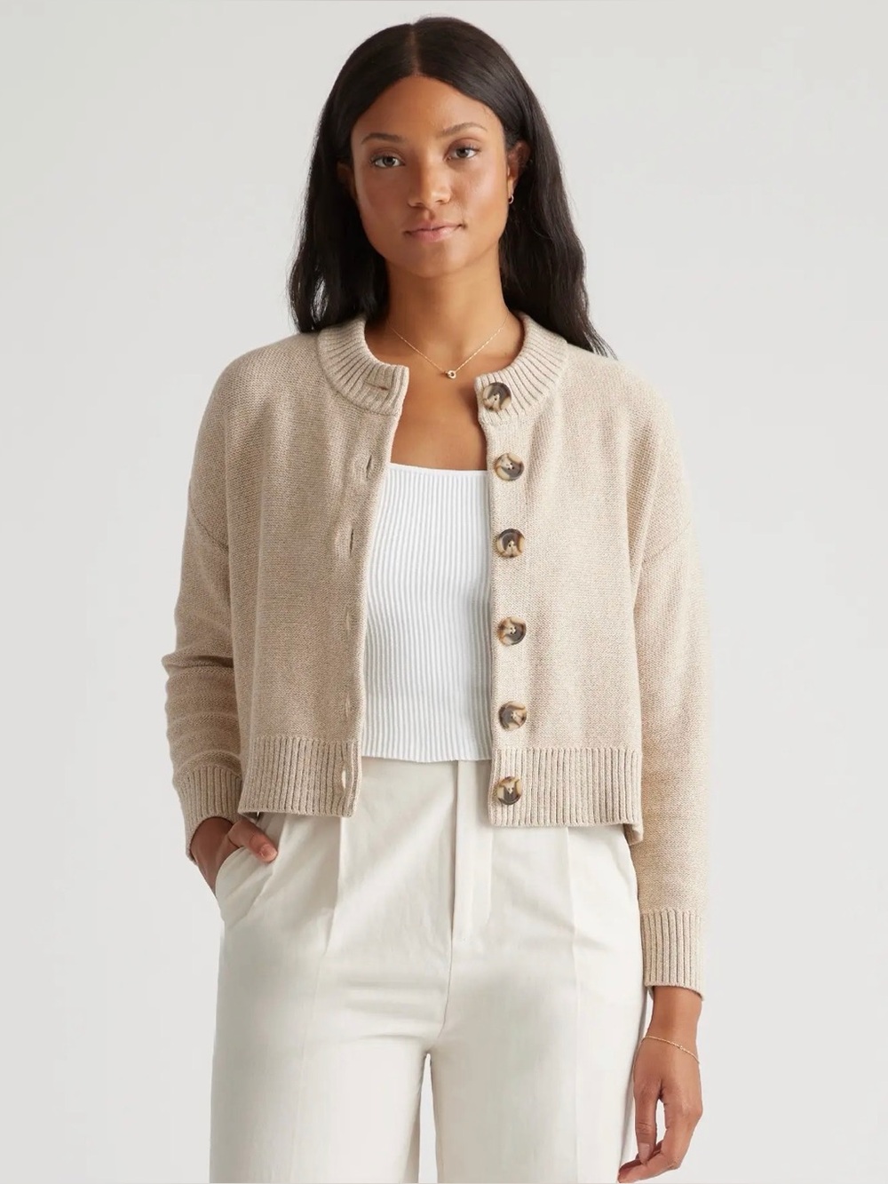 Quince size Large Organic Cotton Cropped Cardigan in Cement Marl Button Front